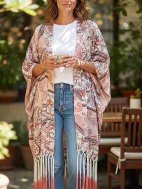 Pink Paisley Fringe Kimono